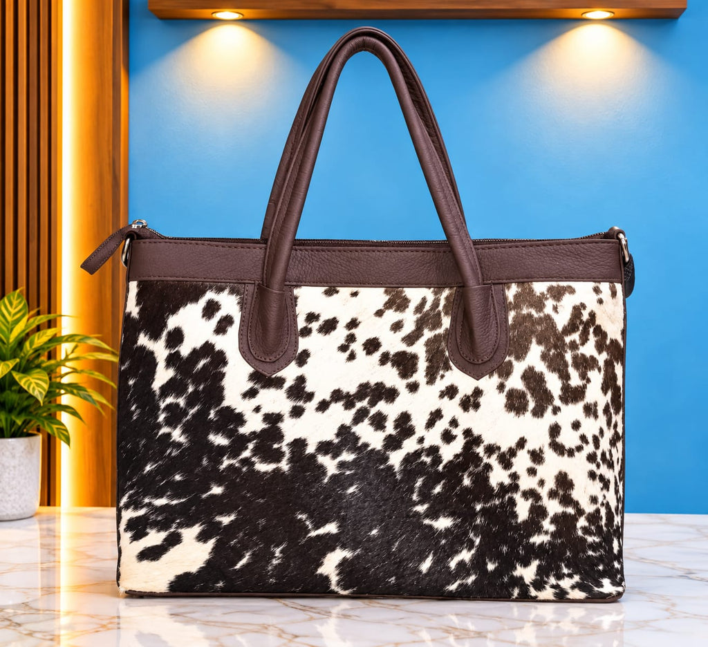 Brown White Cowhide Leather Tote Bag | Western Shoulder Purse