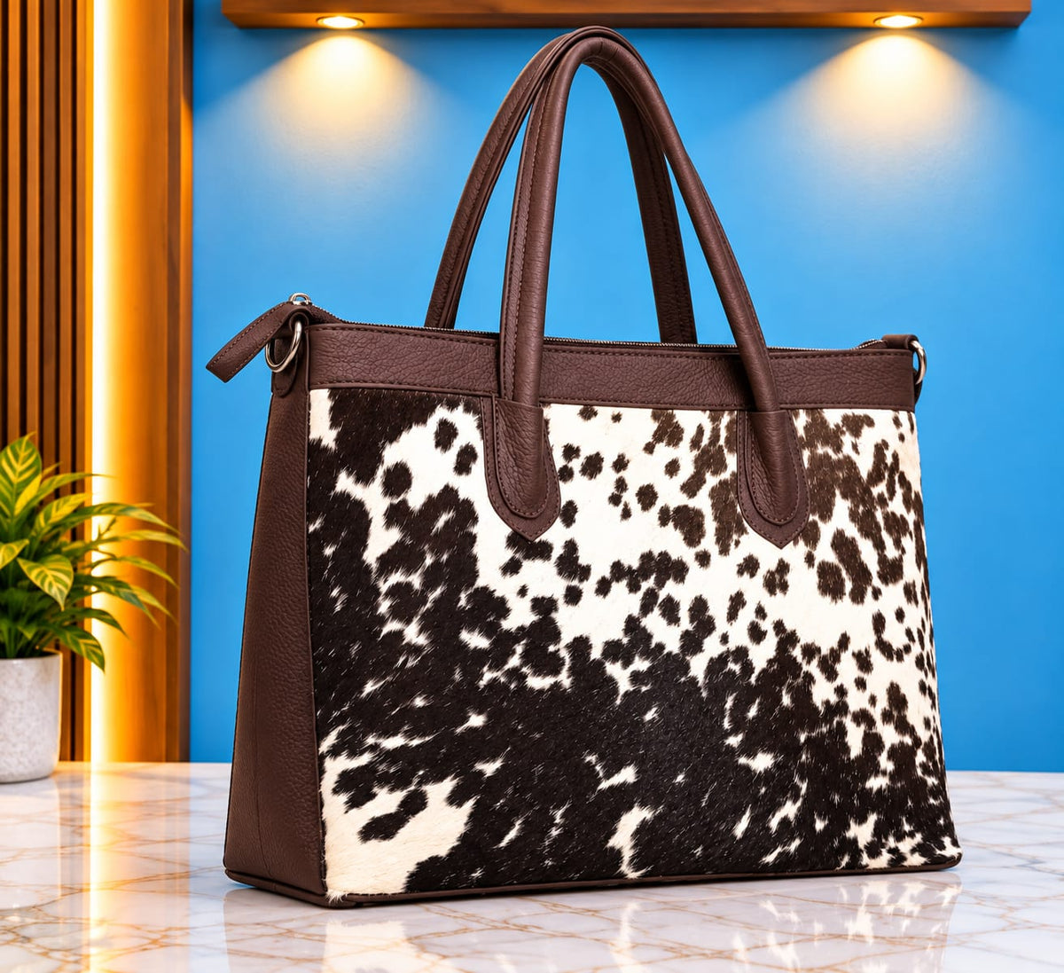 Brown White Cowhide Leather Tote Bag | Western Shoulder Purse