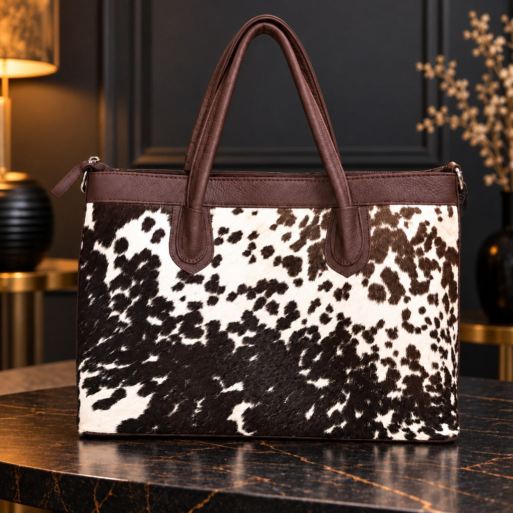 Brown White Cowhide Leather Tote Bag | Western Shoulder Purse