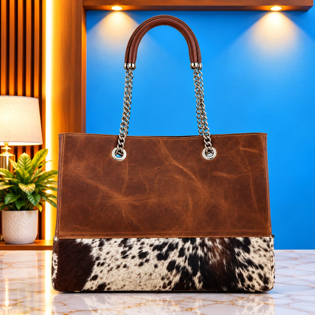 Brown Cowhide Leather Tote Bag with Chain Handles