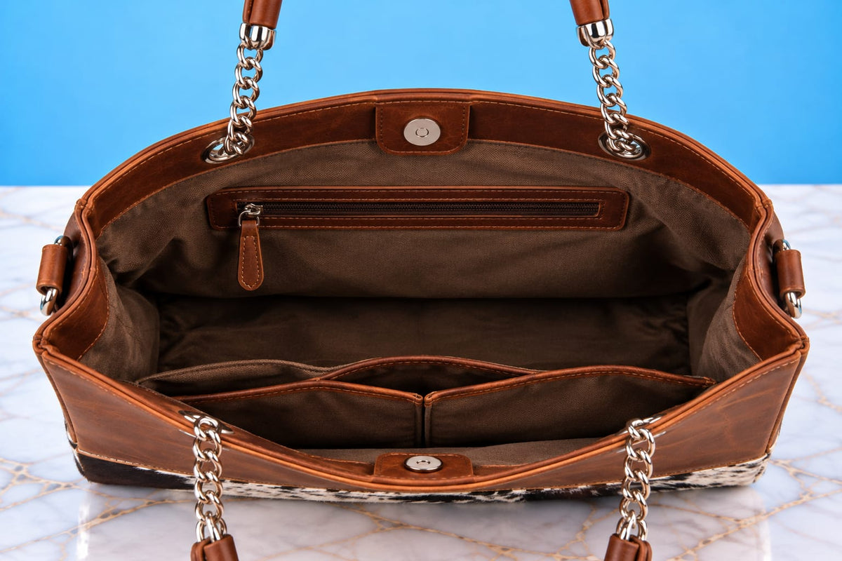 Brown Cowhide Leather Tote Bag with Chain Handles