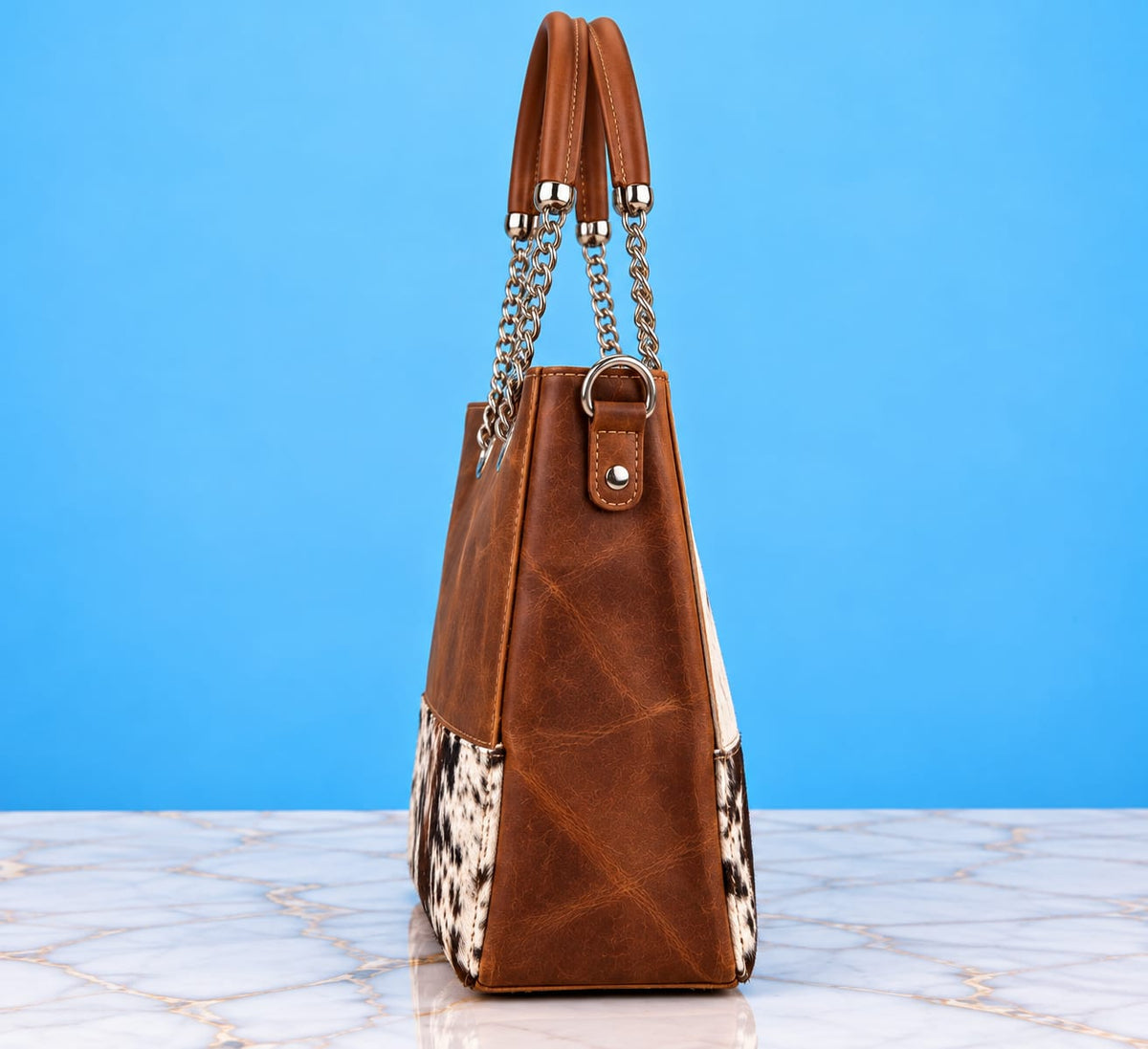 Brown Cowhide Leather Tote Bag with Chain Handles
