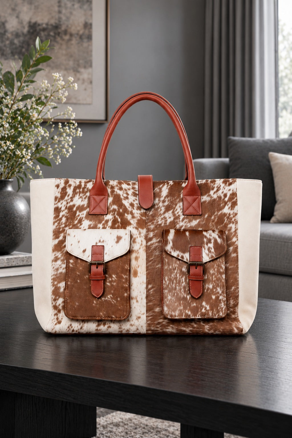 Brown and White Cowhide Leather Tote Bag