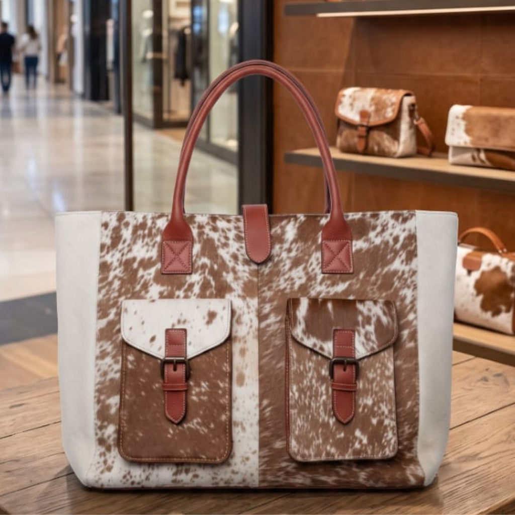 Brown and White Cowhide Leather Tote Bag
