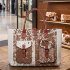 Brown and White Cowhide Leather Tote Bag