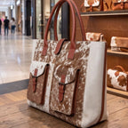 Brown and White Cowhide Leather Tote Bag