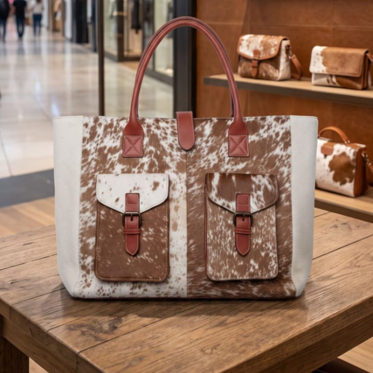 Brown and White Cowhide Leather Tote Bag