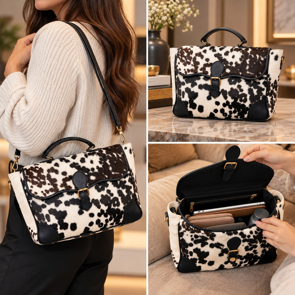 Brown, Black and White Cowhide Leather Flap Handbag