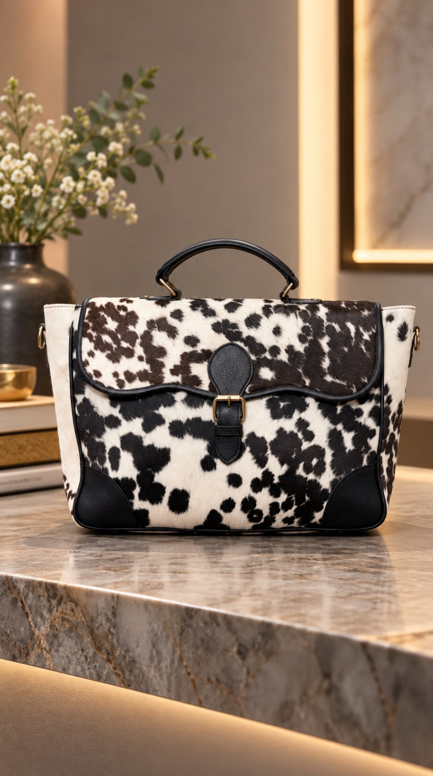 Brown, Black and White Cowhide Leather Flap Handbag