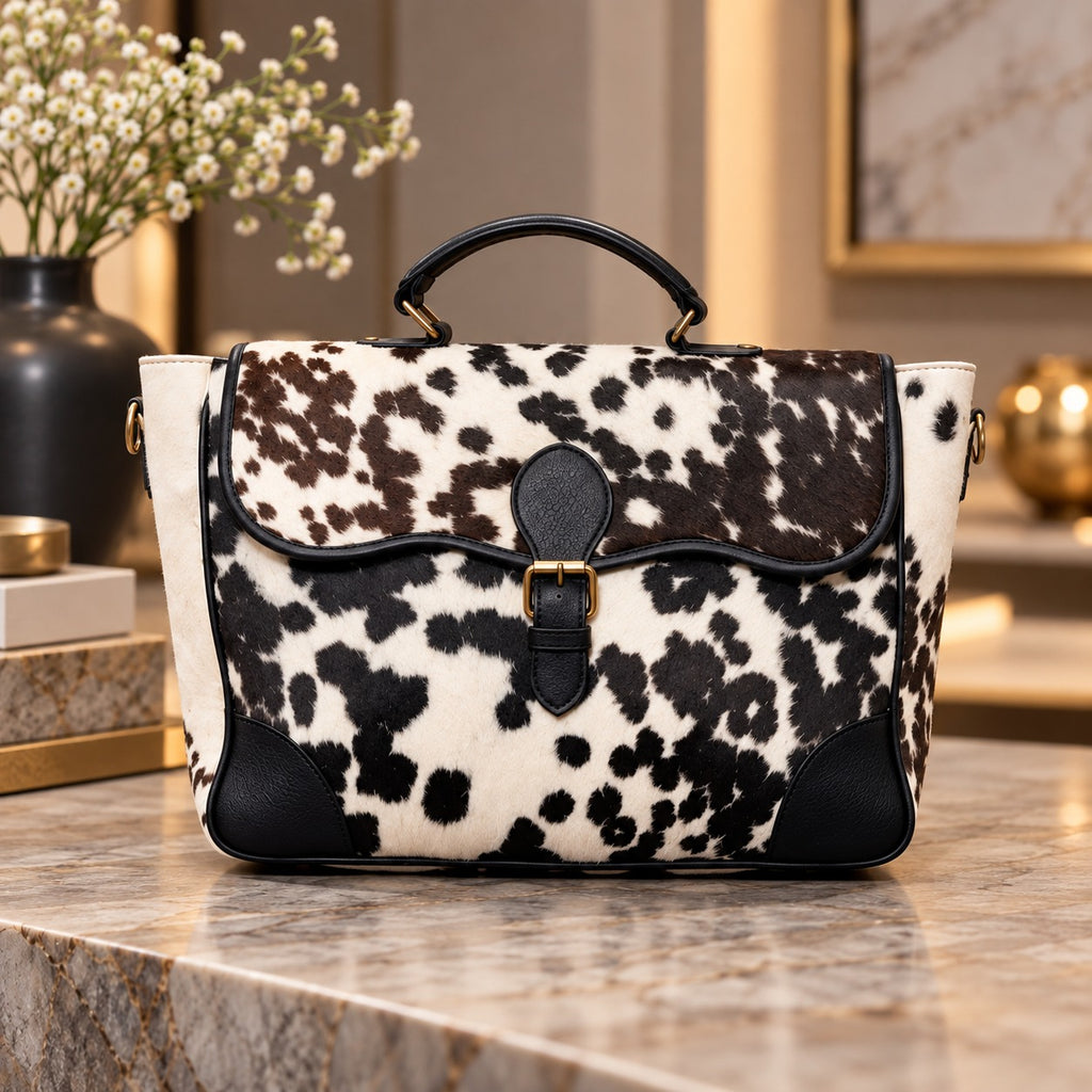 Brown, Black and White Cowhide Leather Flap Handbag