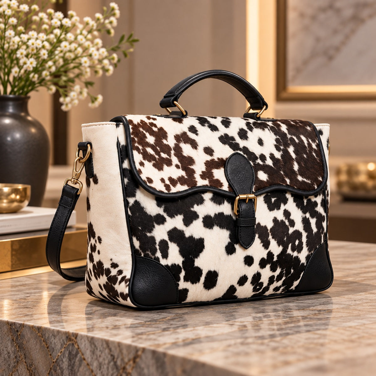Brown, Black and White Cowhide Leather Flap Handbag