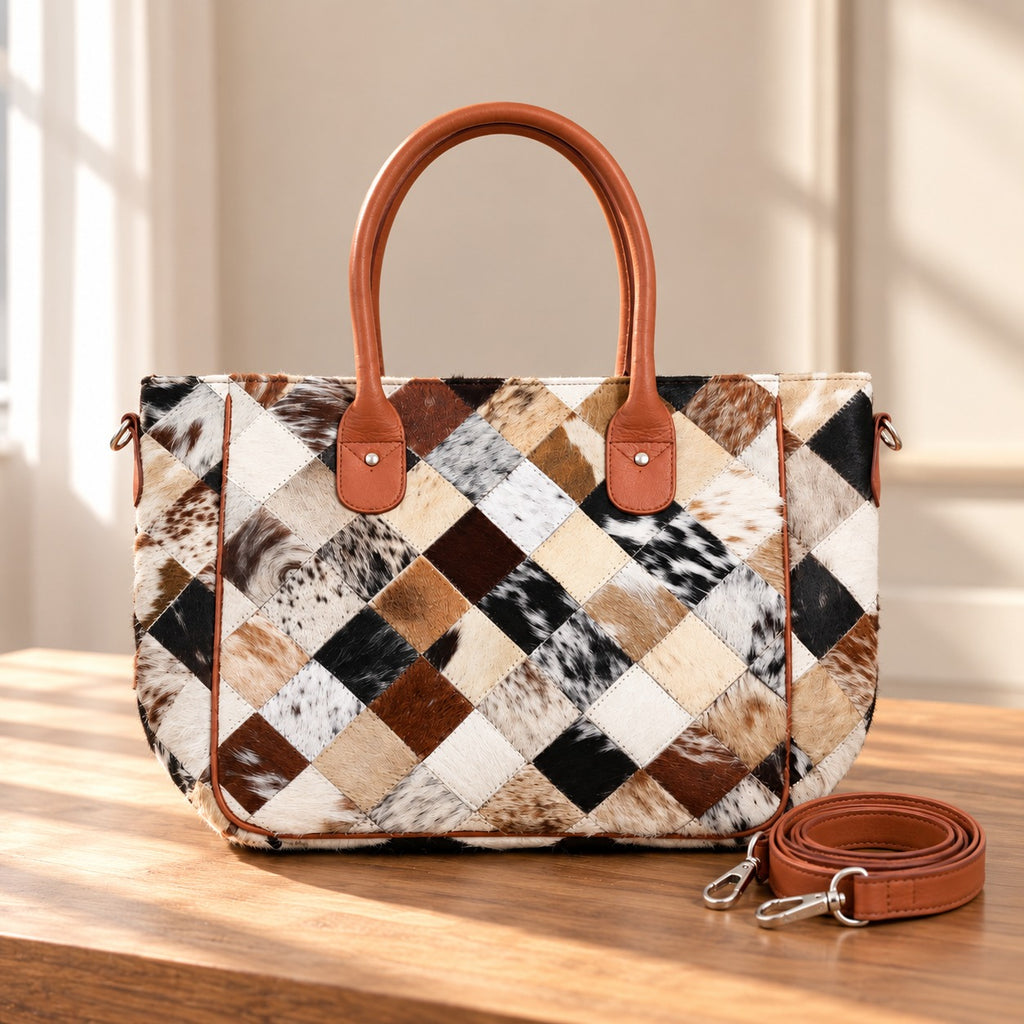 Geometric Cowhide Patchwork Tote Bag