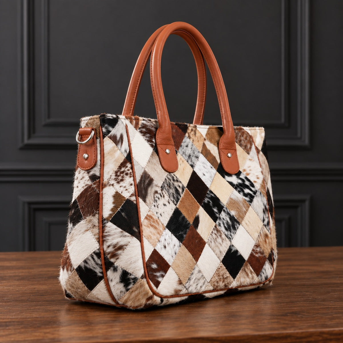 Geometric Cowhide Patchwork Tote Bag