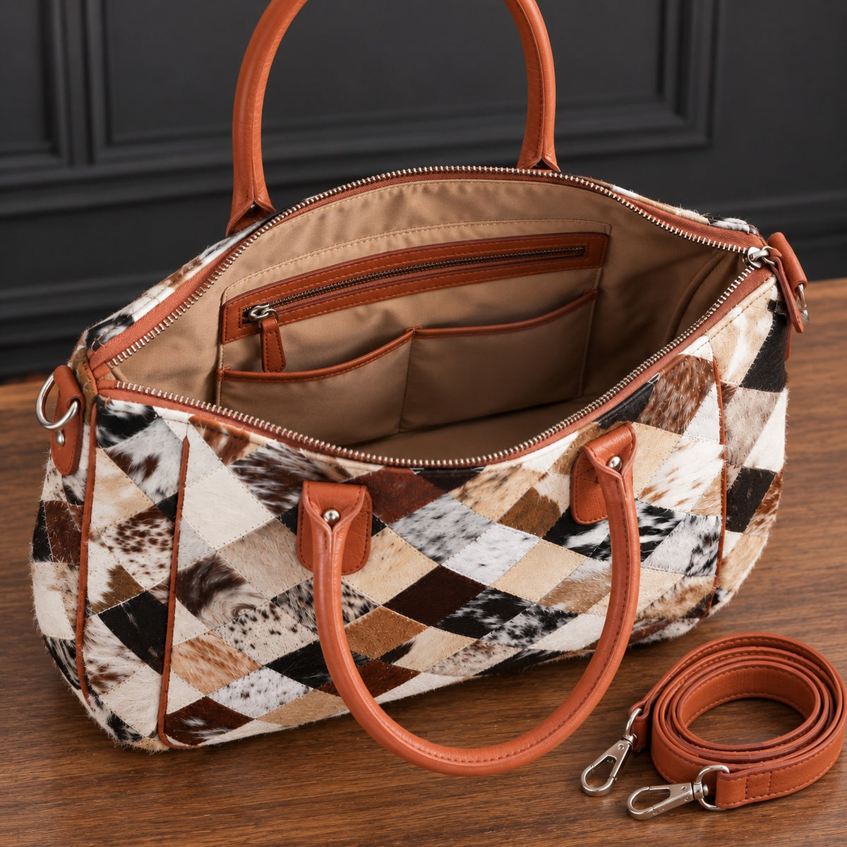 Geometric Cowhide Patchwork Tote Bag