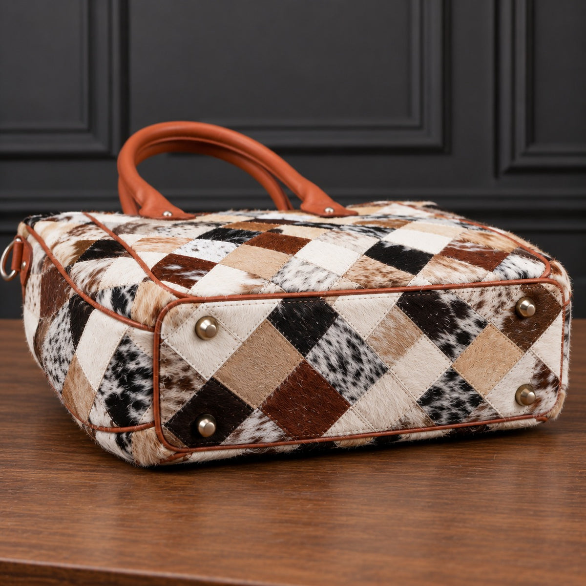Geometric Cowhide Patchwork Tote Bag
