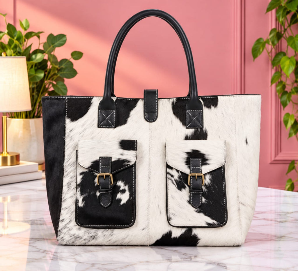 Black, Brown and White Cowhide Leather Tote Bag