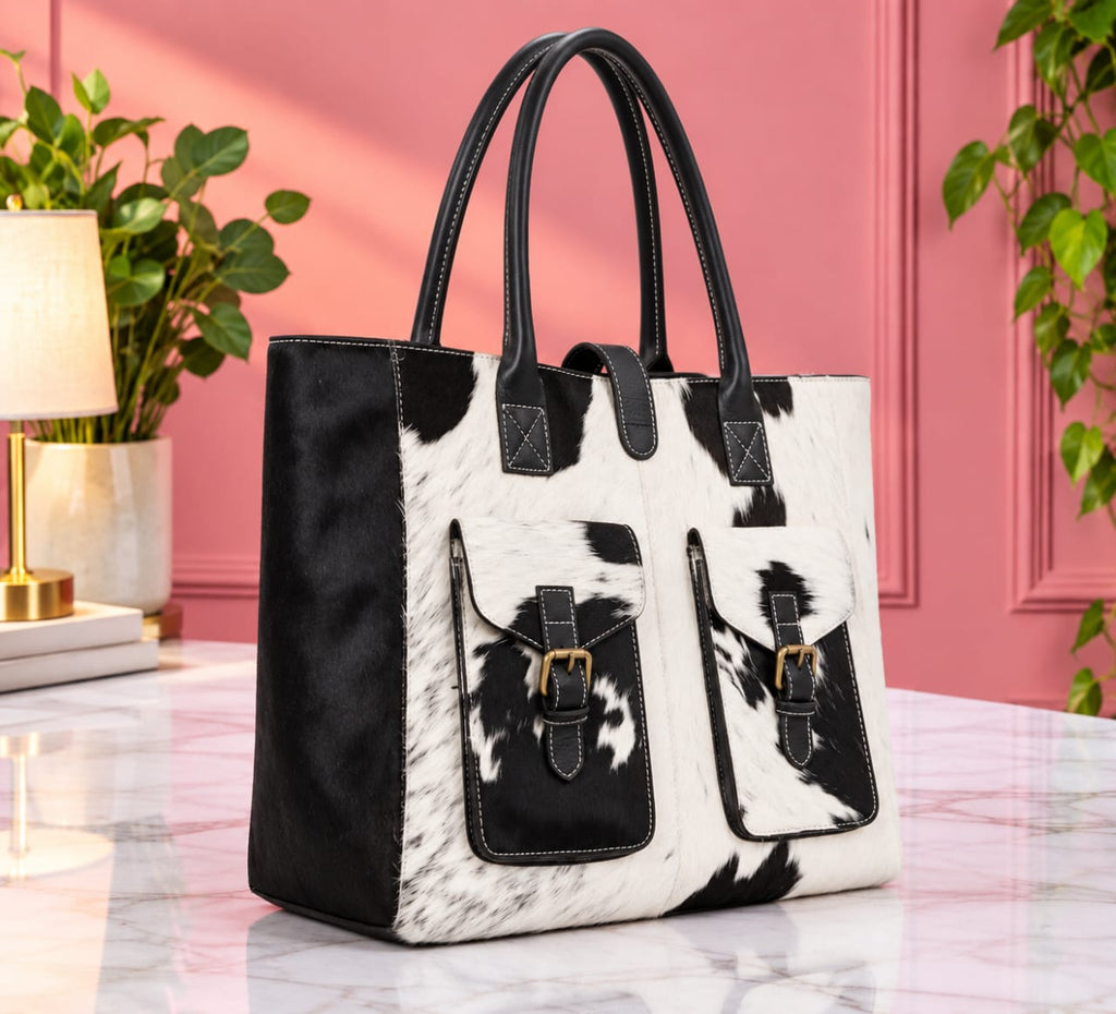 Black, Brown and White Cowhide Leather Tote Bag