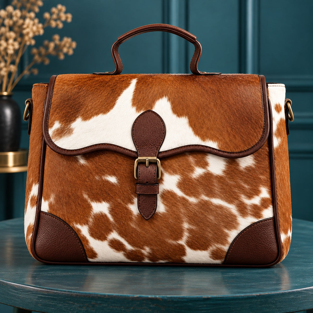 Brown and White Hair-On Cowhide Leather Satchel Bag
