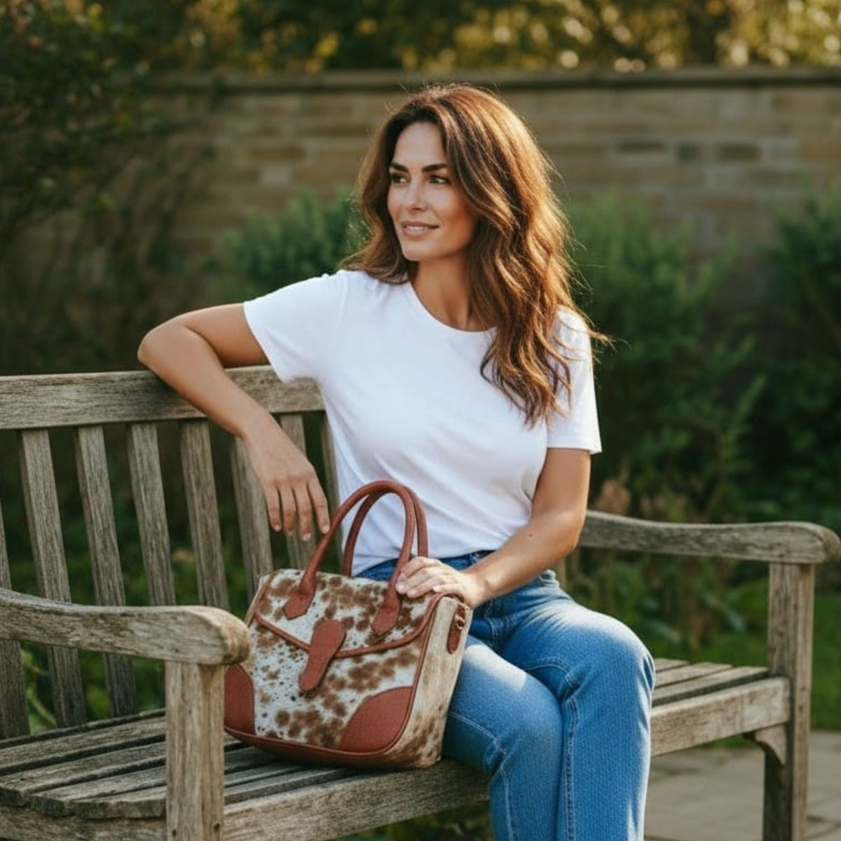 Brown and White Hair-On Cowhide Leather Satchel Bag