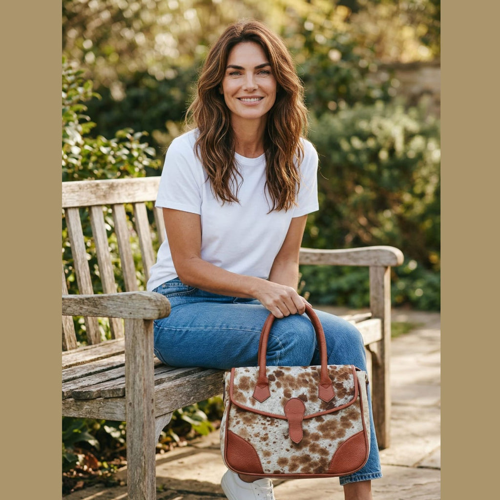 Brown and White Hair-On Cowhide Leather Satchel Bag