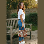 Brown and White Hair-On Cowhide Tote Bag with Dark Brown Handles