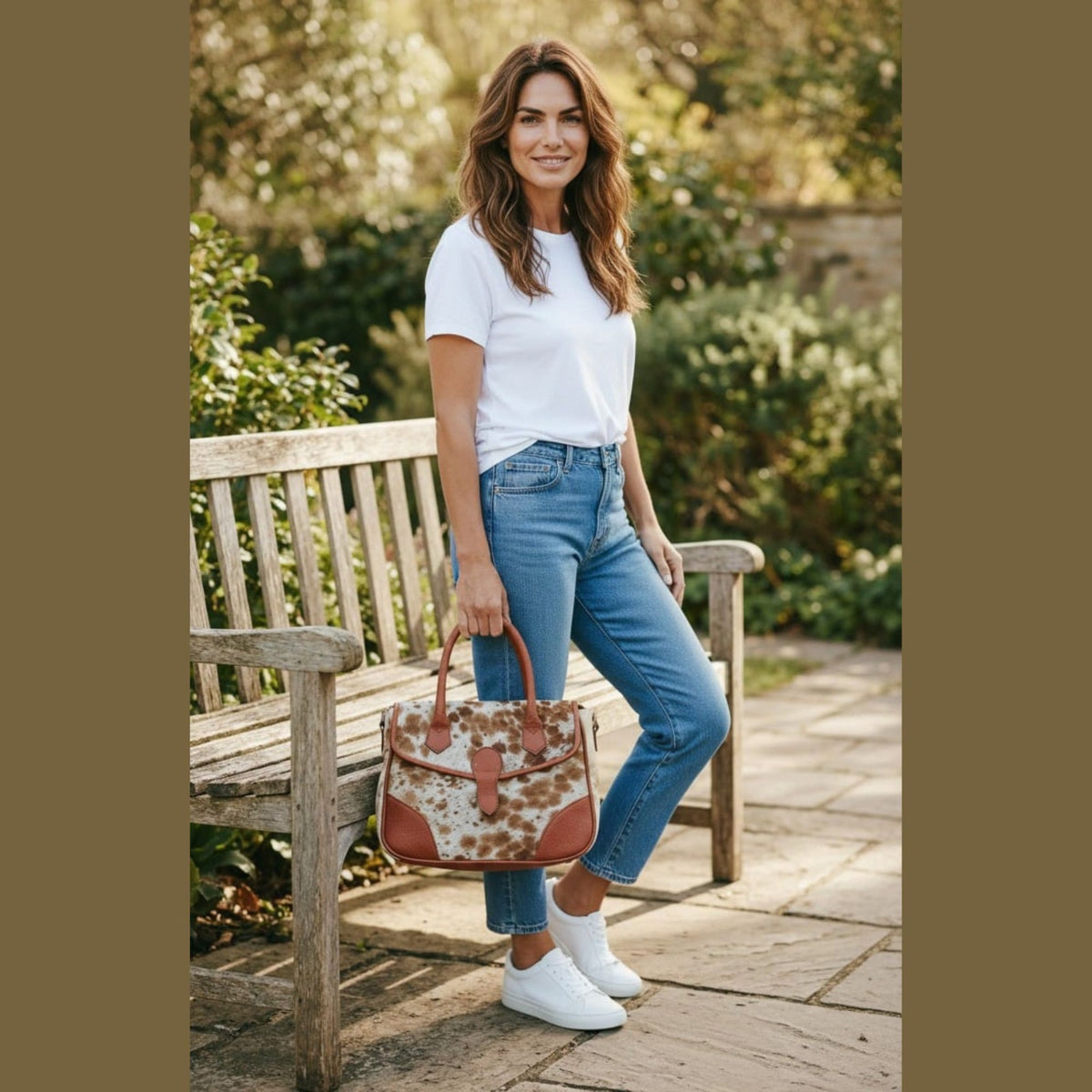 Brown and White Hair-On Cowhide Leather Satchel Bag