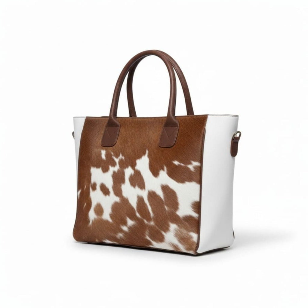 Brown and White Hair-On Cowhide Tote Bag with Dark Brown Handles