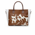 Brown and White Hair-On Cowhide Tote Bag with Dark Brown Handles