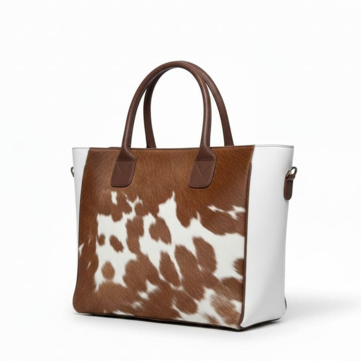 Brown and White Hair-On Cowhide Tote Bag with Dark Brown Handles