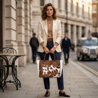 Brown and White Hair-On Cowhide Tote Bag with Dark Brown Handles