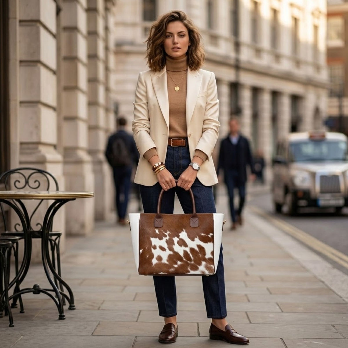 Brown and White Hair-On Cowhide Tote Bag with Dark Brown Handles