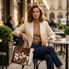 Brown and White Hair-On Cowhide Tote Bag with Dark Brown Handles