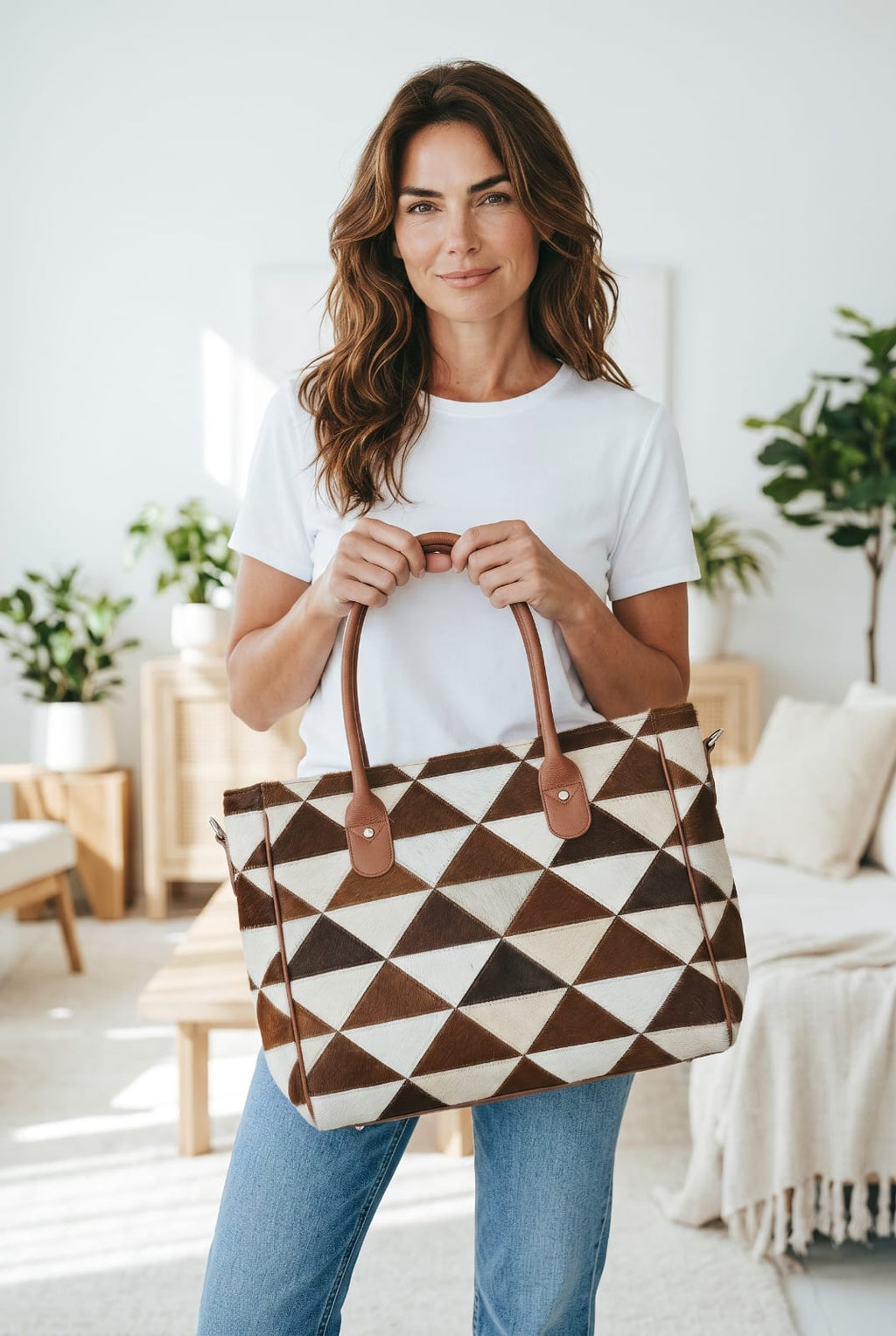 Brown White Cowhide Tote Bag | Western Handbag