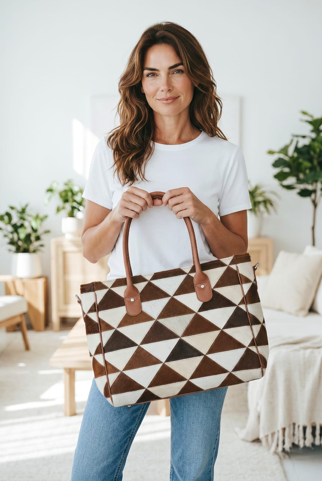 Brown White Cowhide Tote Bag | Western Handbag