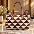 Brown and Cream White Geometric Cowhide Patchwork Tote Bag