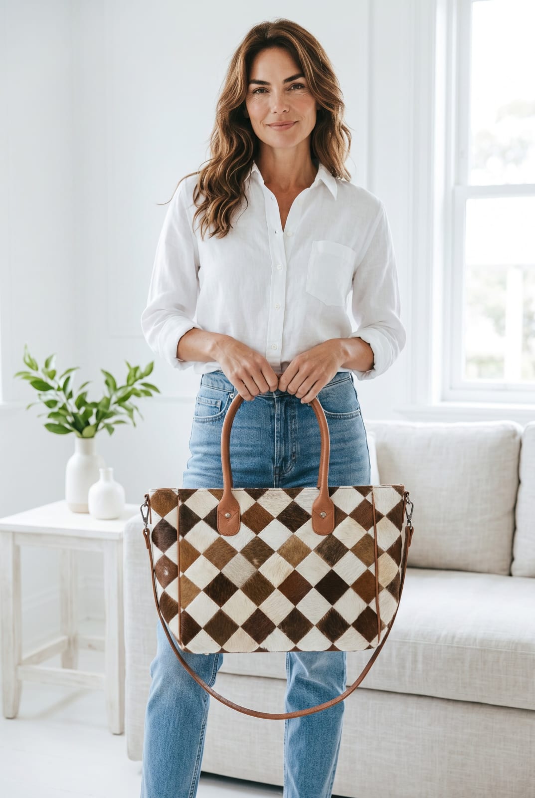 Brown and White Geometric Diamond Cowhide Patchwork Tote Bag with Shoulder Strap