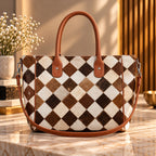 Brown and White Geometric Diamond Cowhide Patchwork Tote Bag with Shoulder Strap