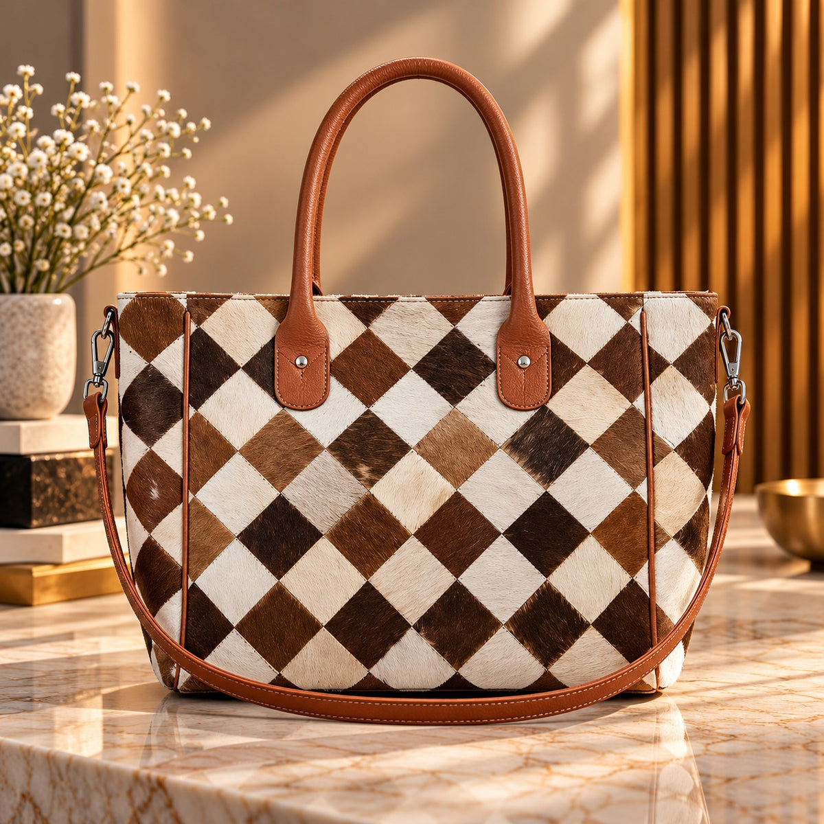 Brown and White Geometric Diamond Cowhide Patchwork Tote Bag with Shoulder Strap