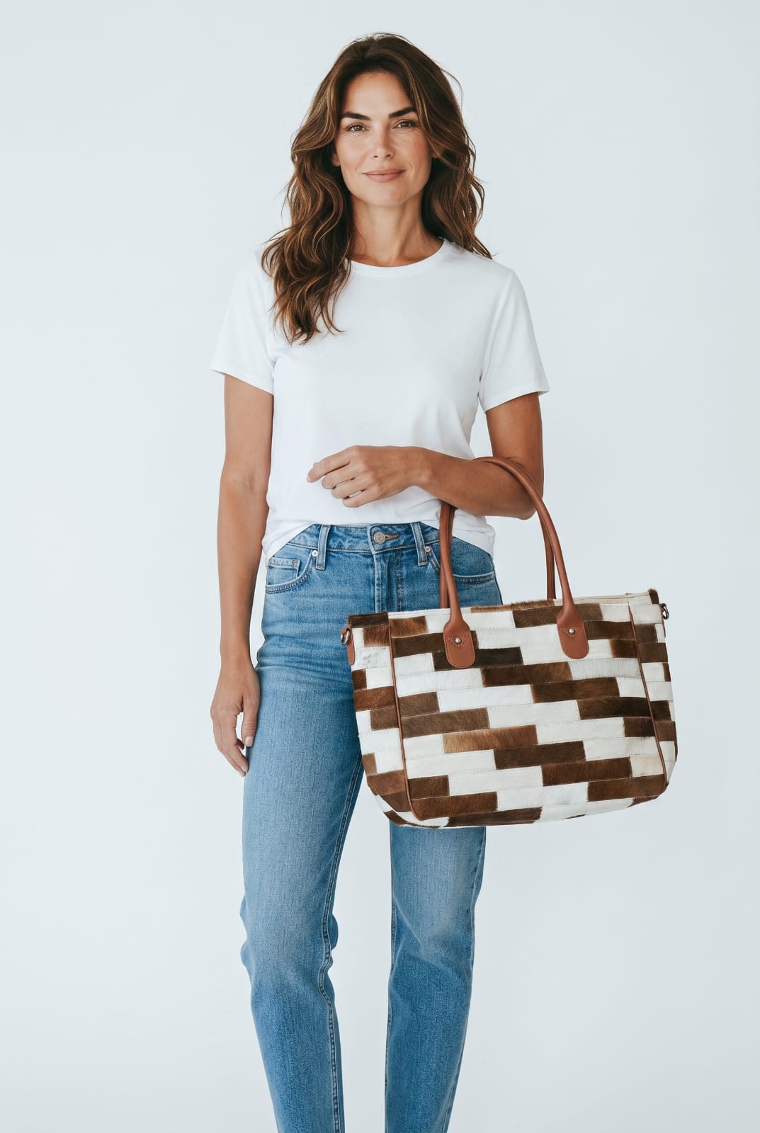 Brown and Cream Hair-On Cowhide Patchwork Tote Bag