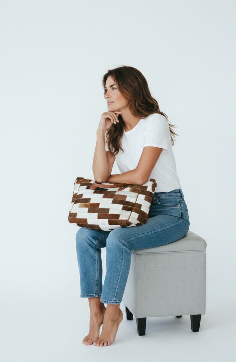 Brown and Cream Hair-On Cowhide Patchwork Tote Bag