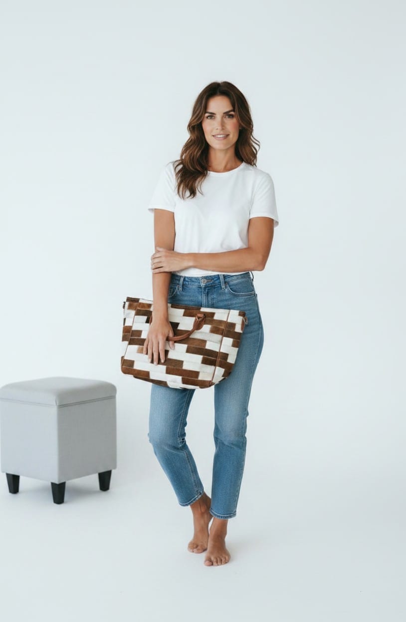 Brown and Cream Hair-On Cowhide Patchwork Tote Bag