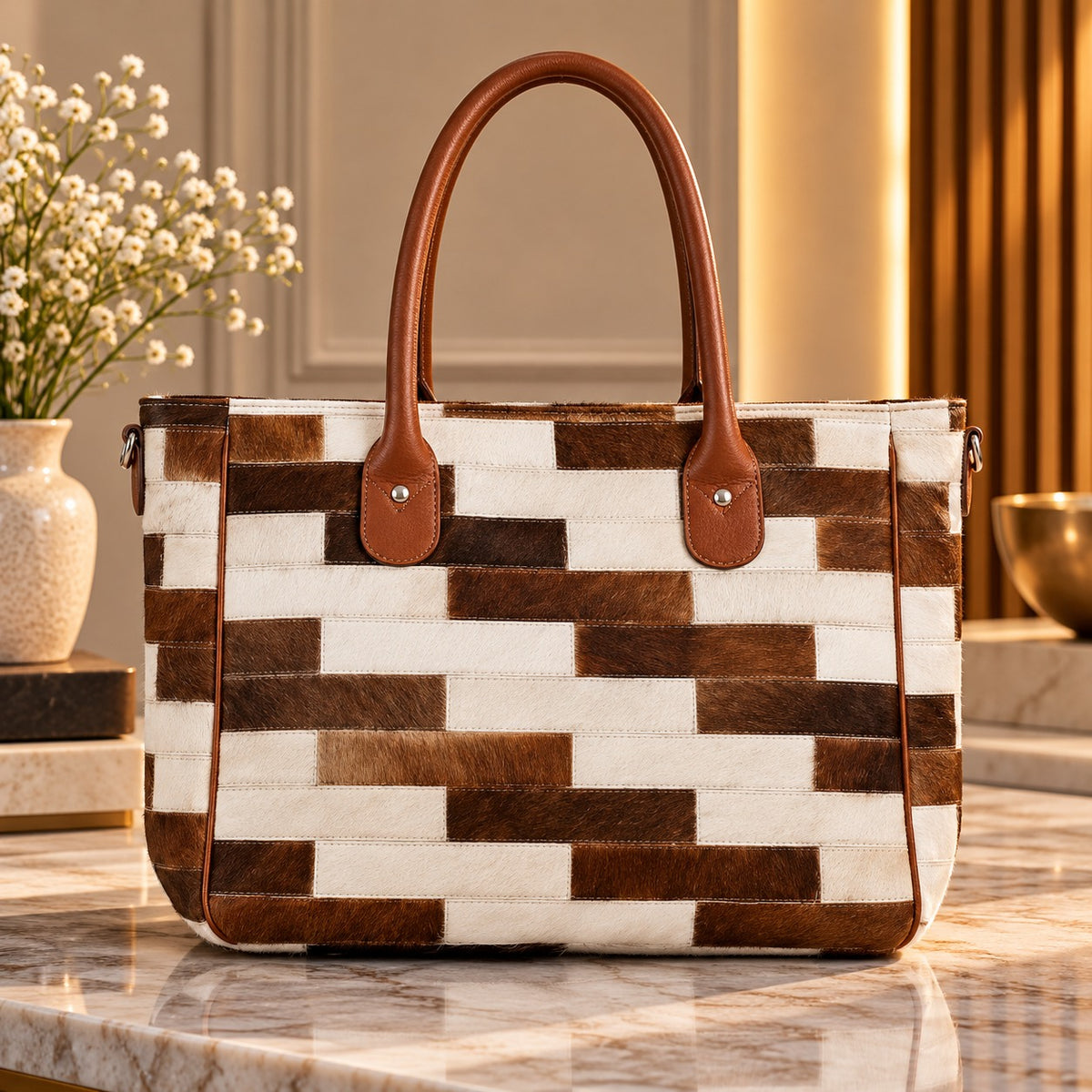 Brown and Cream Hair-On Cowhide Patchwork Tote Bag