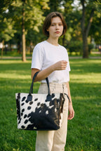 Black and White Hair-On Cowhide Tote Bag with Black Handles