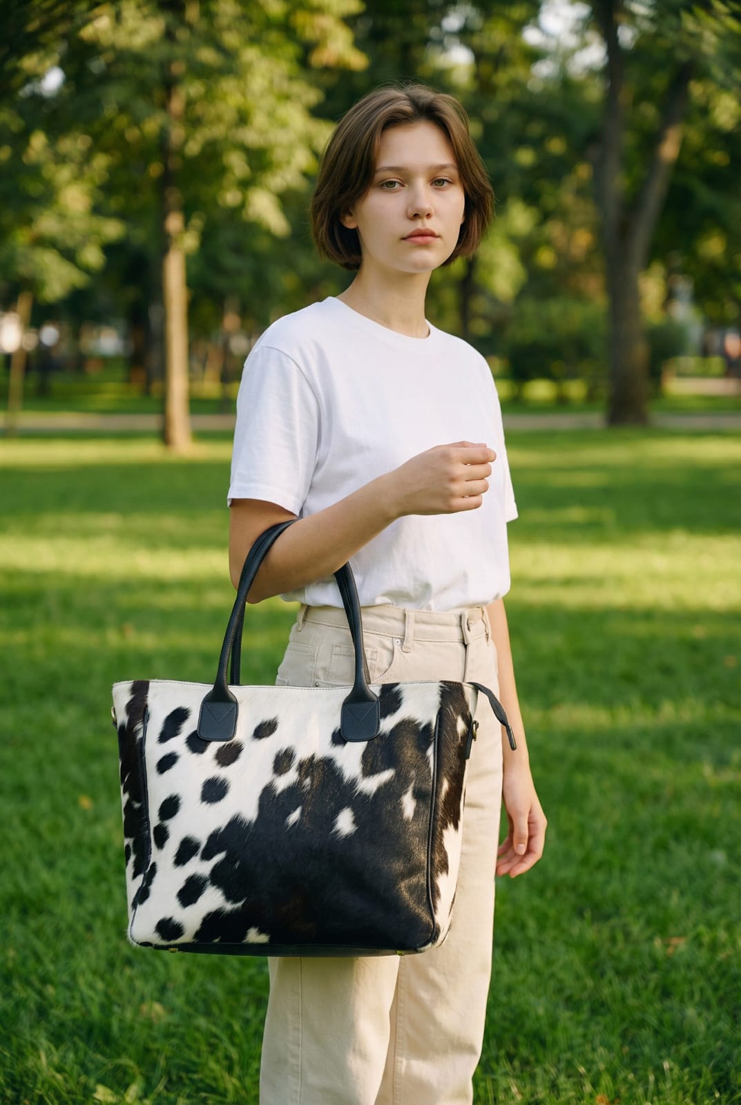 Black and White Hair-On Cowhide Tote Bag with Black Handles