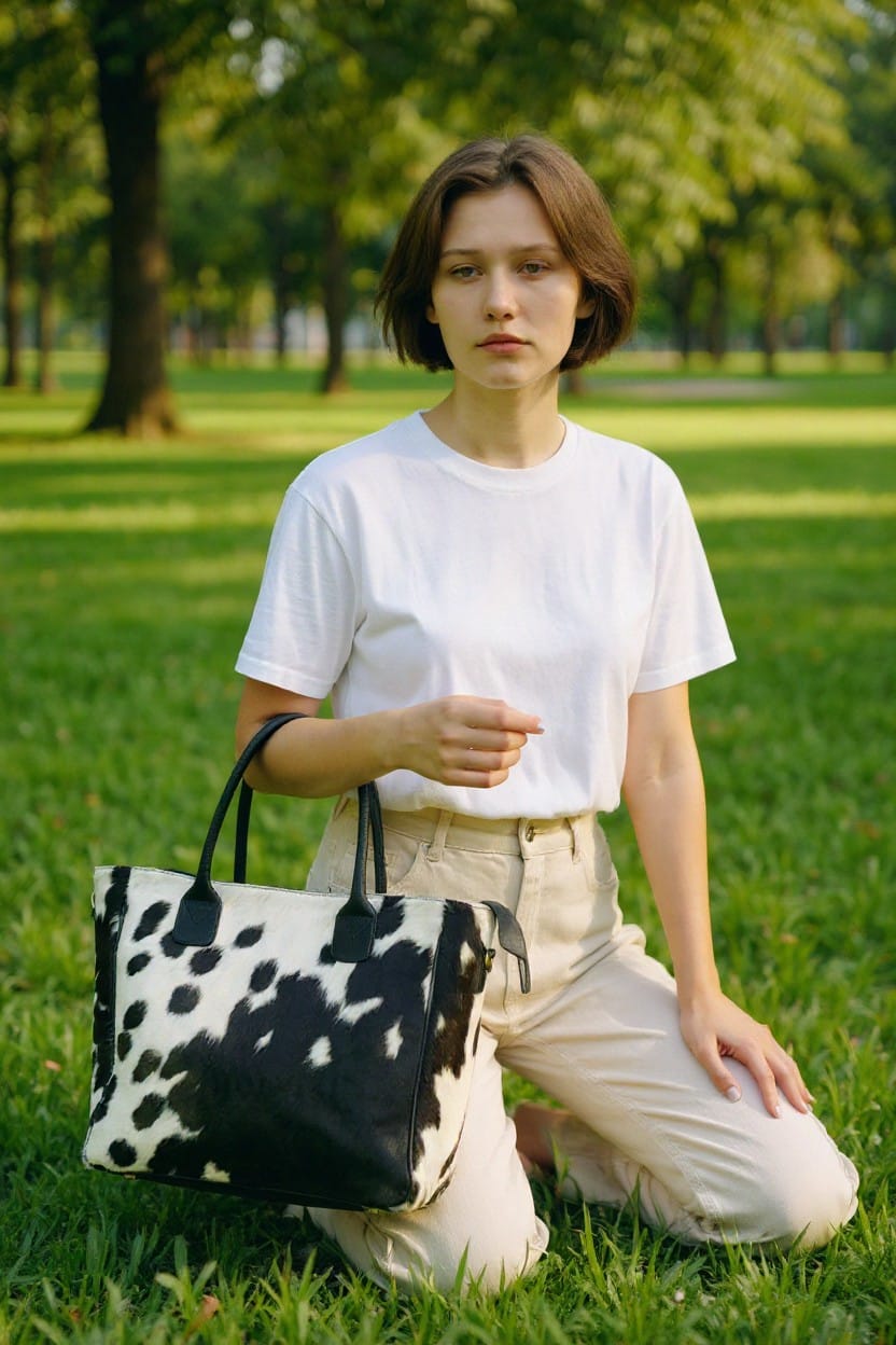 Black and White Hair-On Cowhide Tote Bag with Black Handles