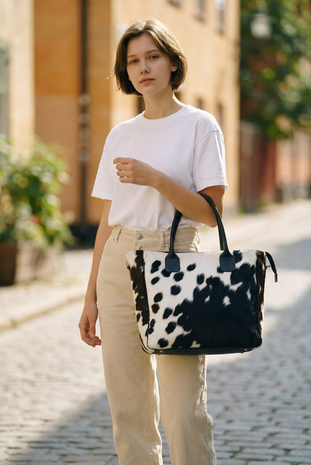 Black and White Hair-On Cowhide Tote Bag with Black Handles