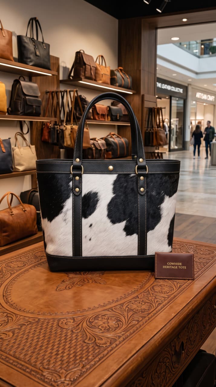 Black and White Hair-On Cowhide Tote Bag with Black Leather Trim
