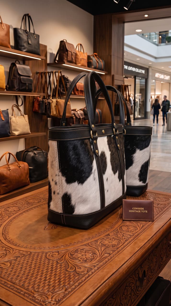 Black and White Hair-On Cowhide Tote Bag with Black Leather Trim