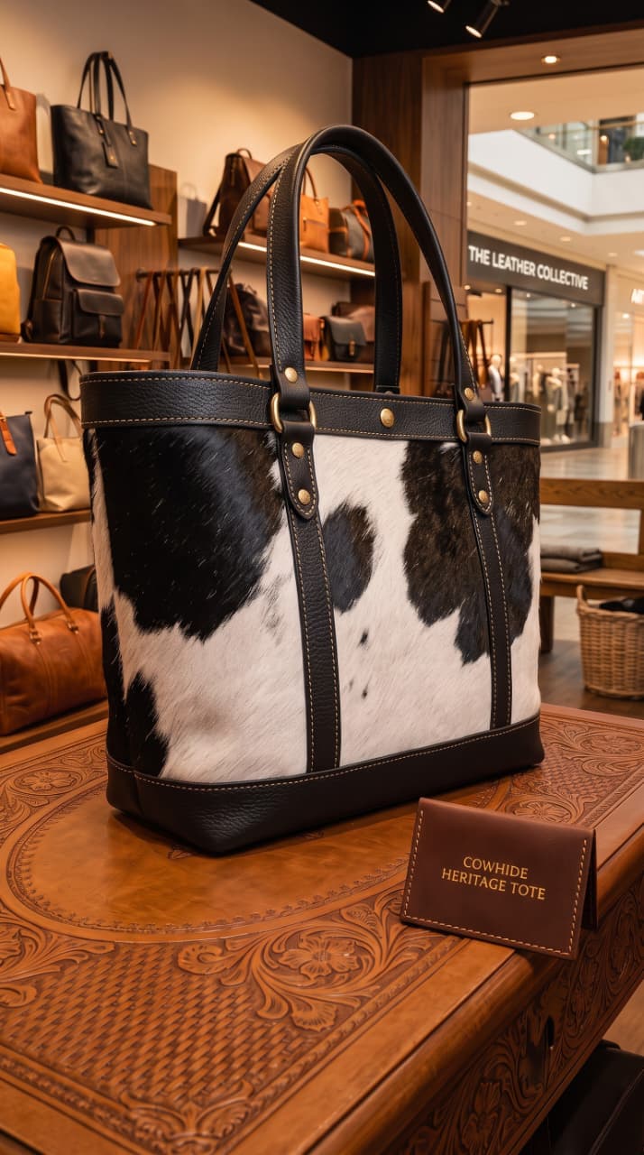 Black and White Hair-On Cowhide Tote Bag with Black Leather Trim