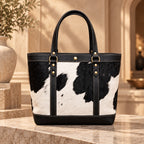 Black and White Hair-On Cowhide Tote Bag with Black Leather Trim